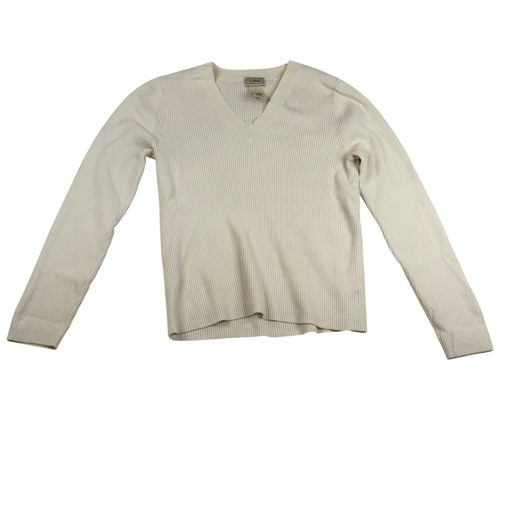 LL Bean Womens Cream Ribbed V-Neck Pima Cotton Blend Sweater Small Regular 4029